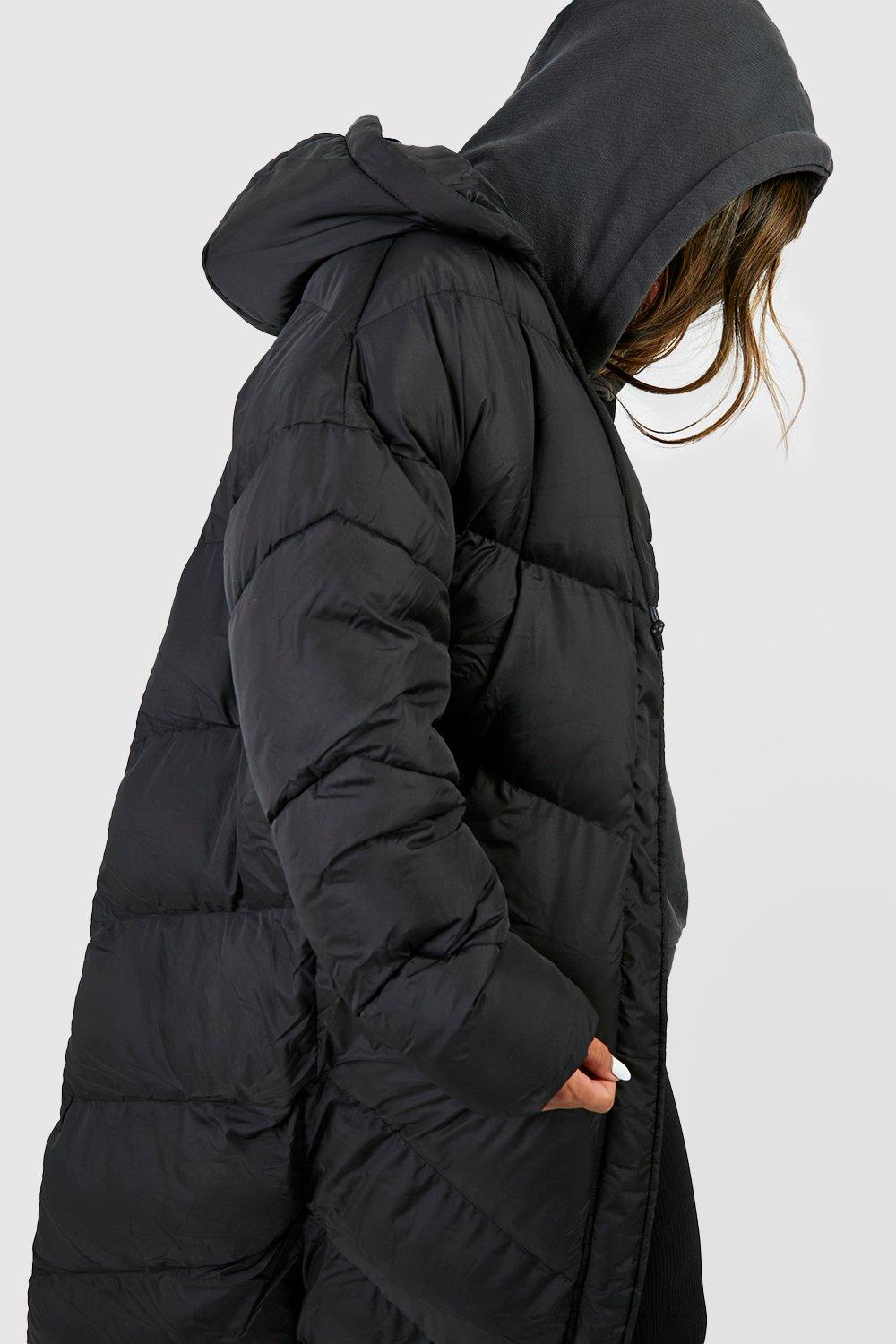 Hooded Quilt Detail Maxi Puffer