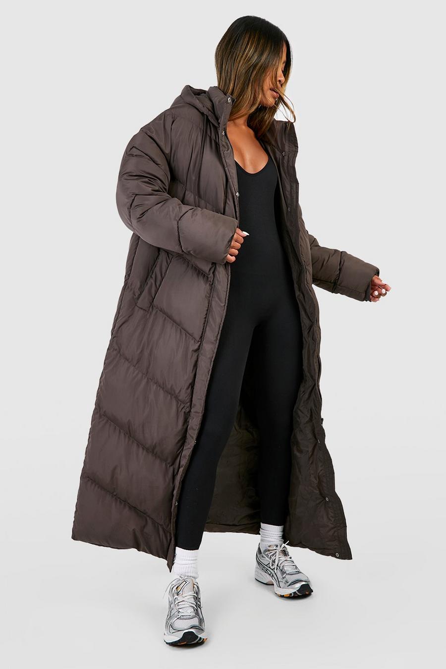 Chocolate Hooded Quilt Detail Maxi Puffer image number 1