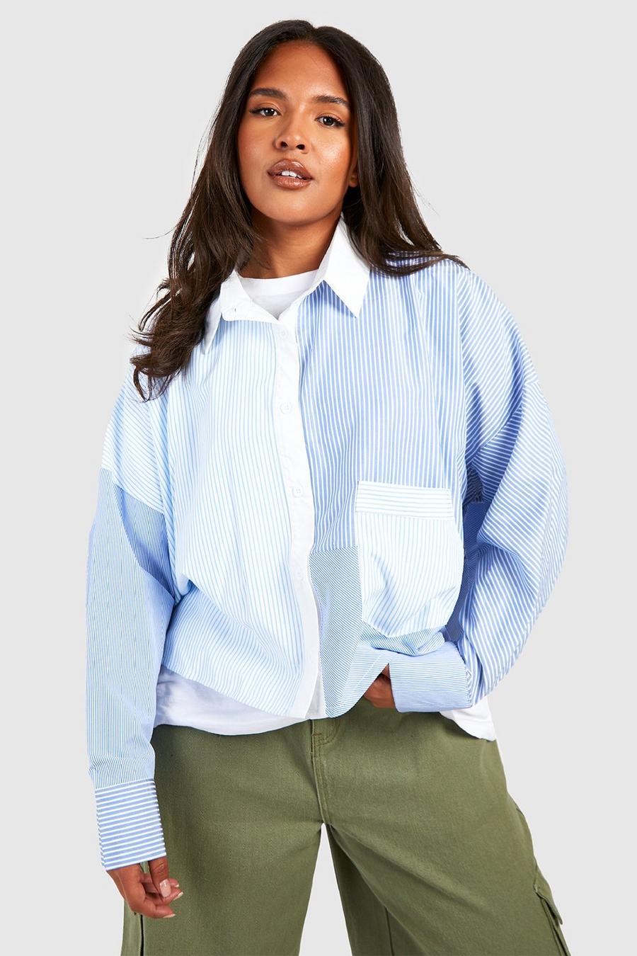 Blue Plus Mixed Stripe Cropped Shirt image number 1