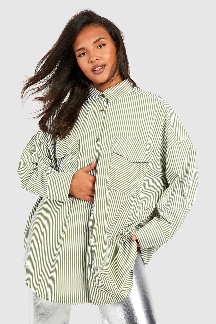 Camisa Plus oversize con rayas en contraste, Olive image number 1