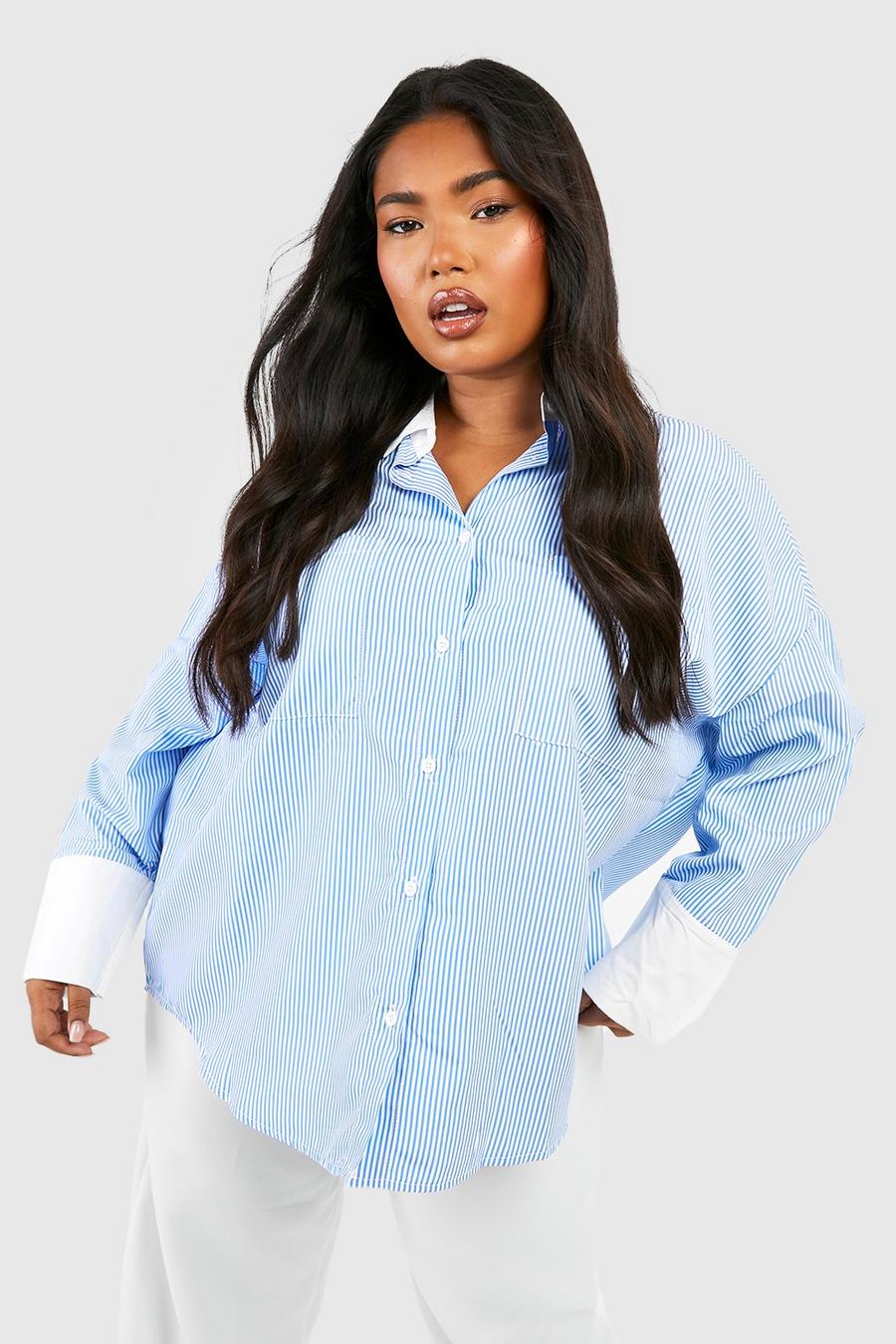 Camicia Plus Size oversize a righe con colletto a contrasto, Blue