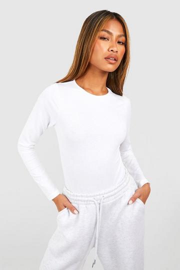 White Basic Cotton Long Sleeve Crew Neck Bodysuit