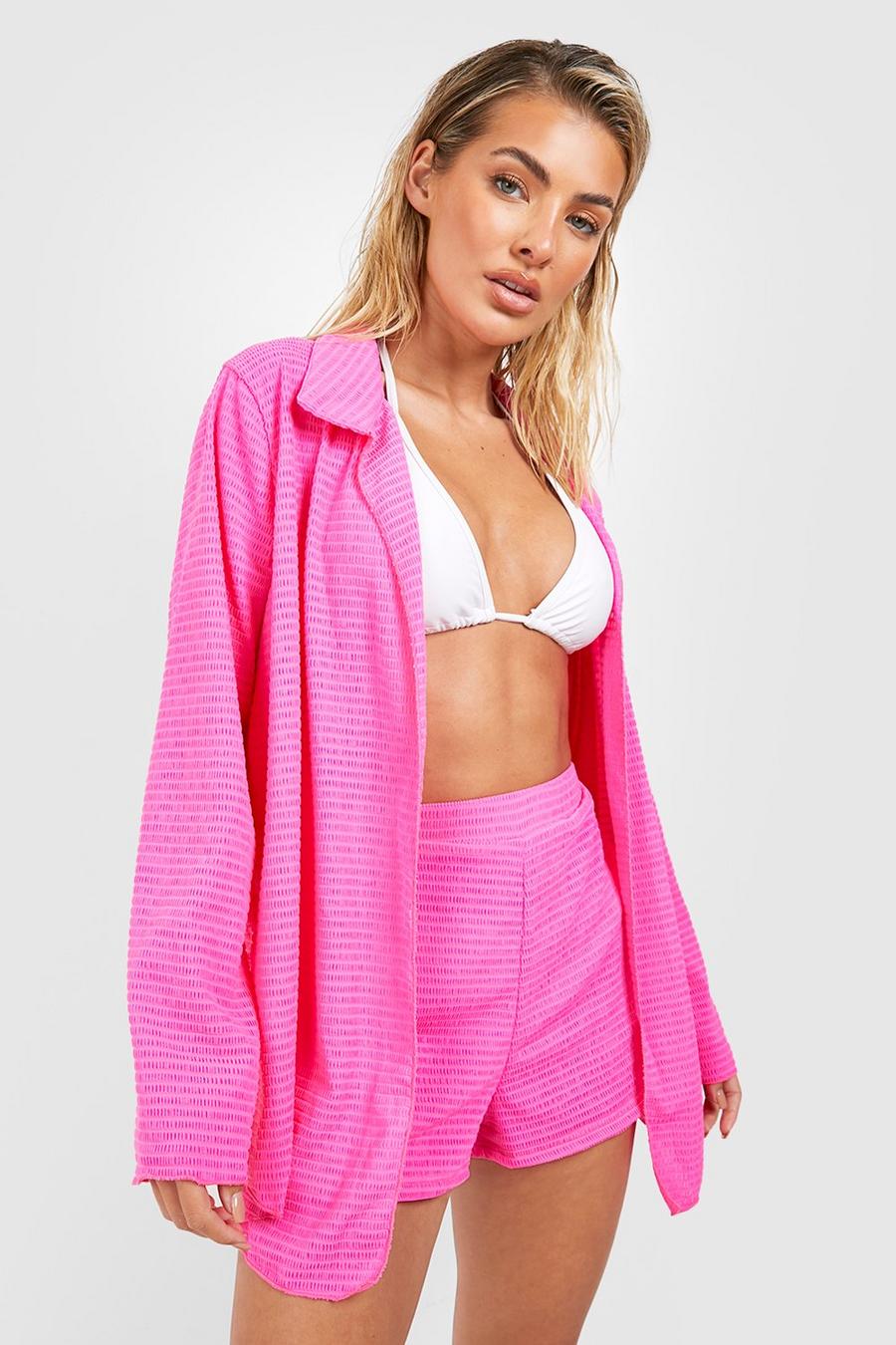 Hot pink Textured Stripe Shirt & Short Beach Co-ord  image number 1