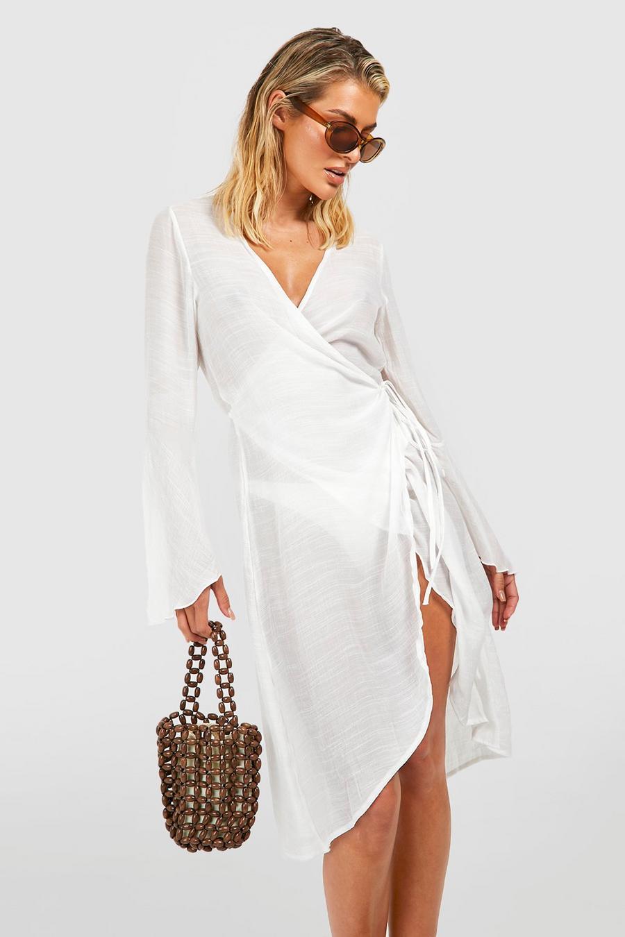 White Linen Look Belted Wrap Beach Dress