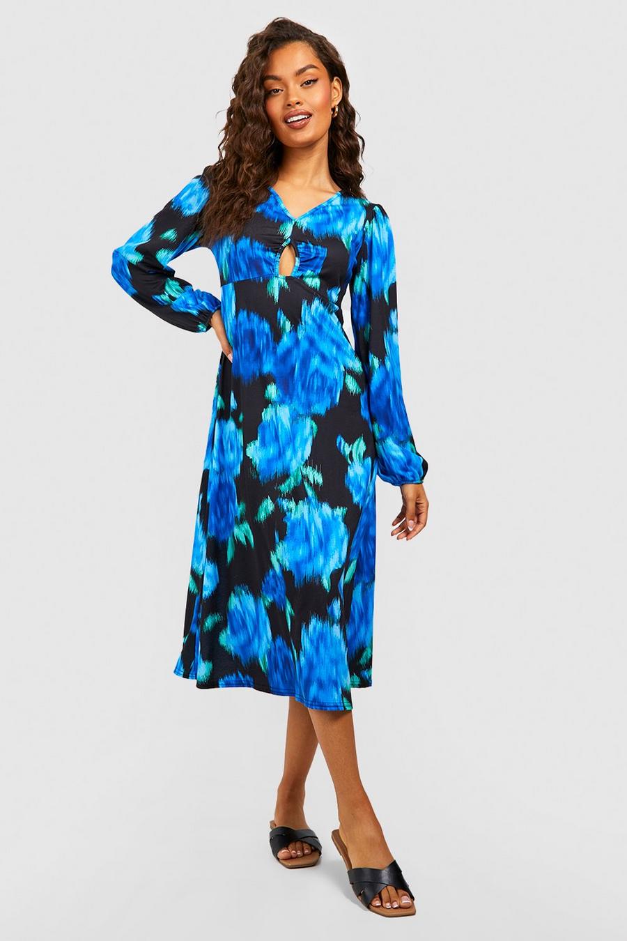 Blue Floral Cut Out Midi Smock Dress image number 1