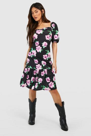Bloemenprint Midi Jurk Met Pofmouwen En Losvallende Zoom purple