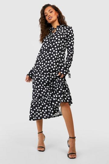 Polka Dot Tie Neck Midi Smock Dress black