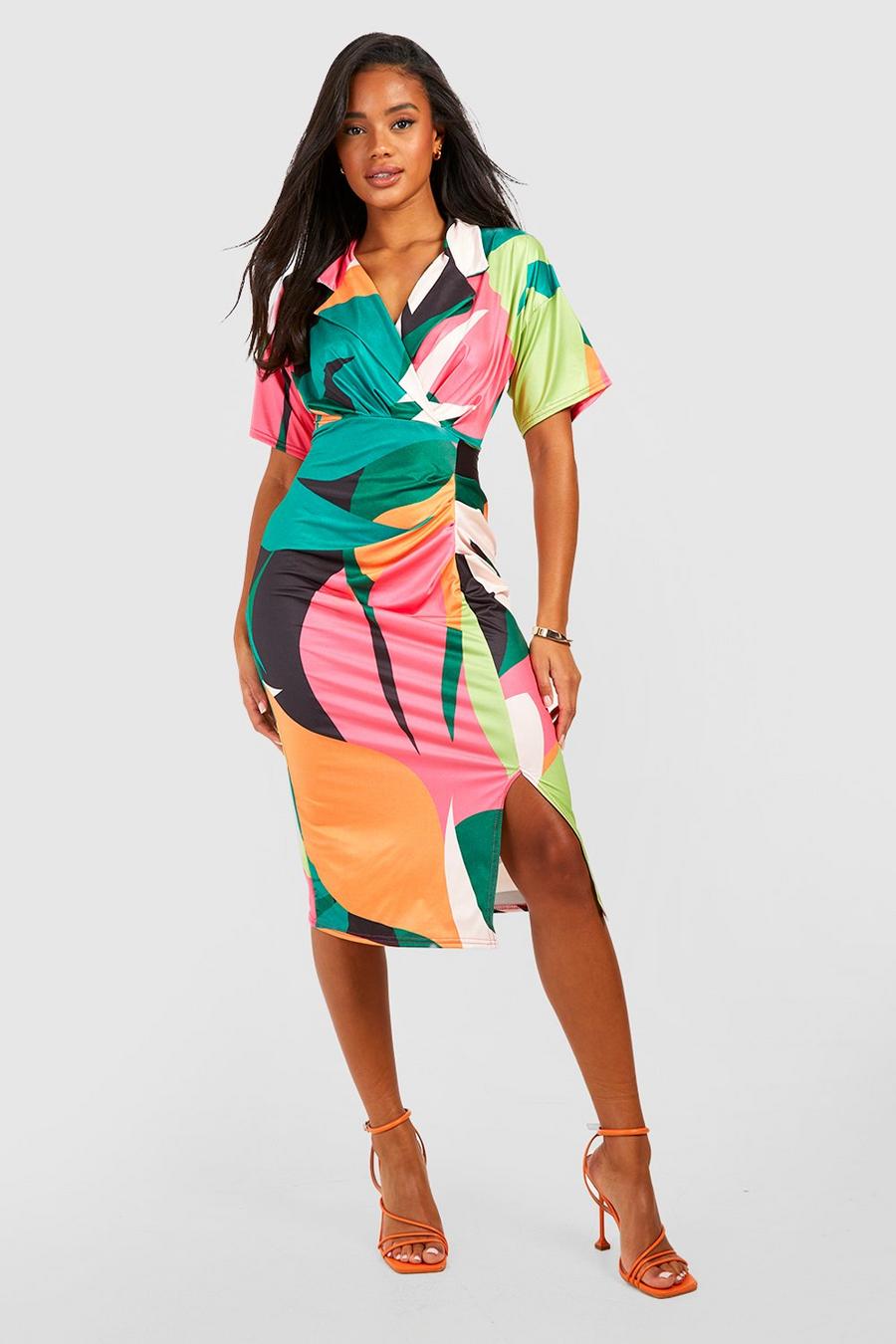 Vestido camisero midi cruzado ceñido con estampado tropical, Multi multicolor image number 1