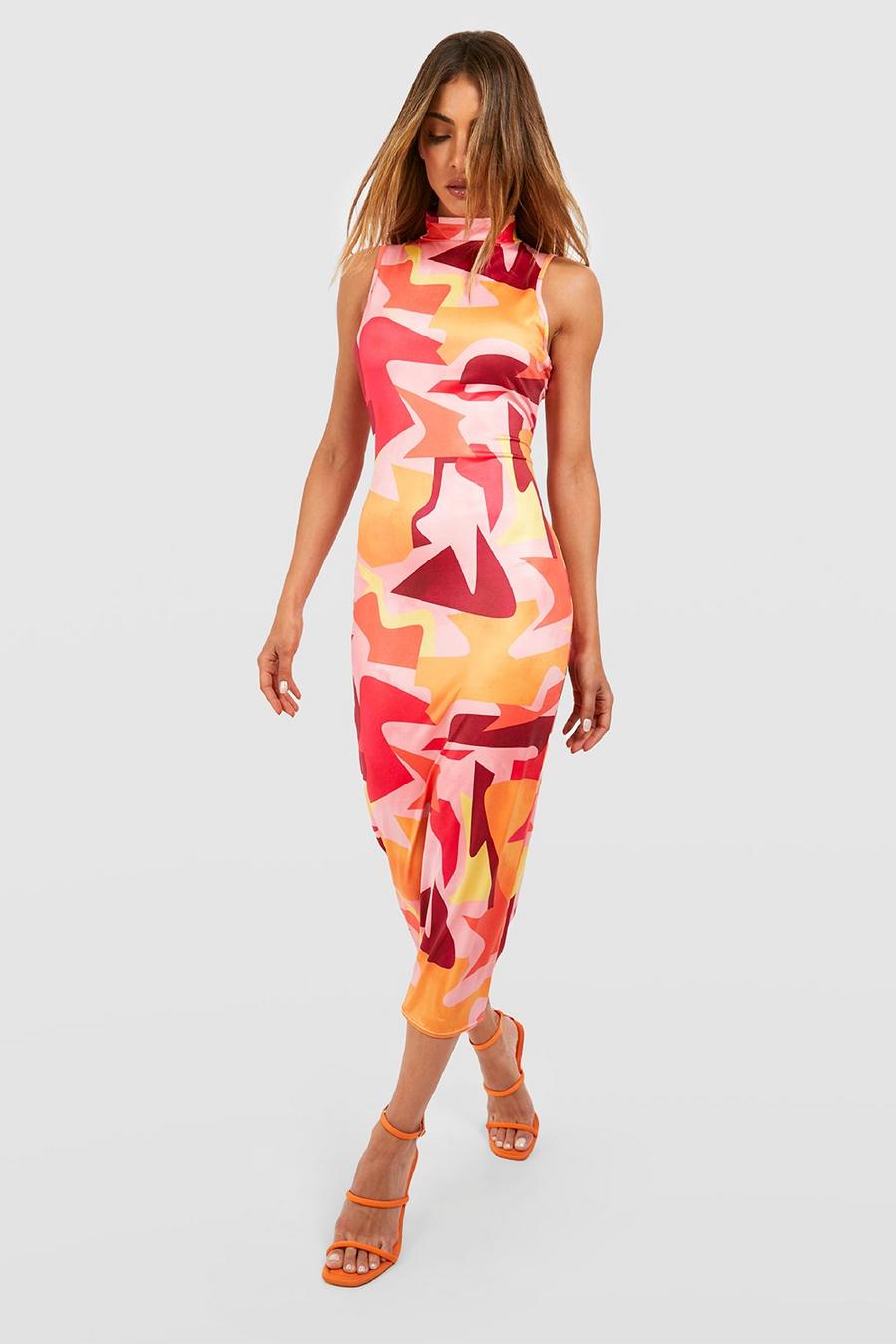 High Neck Abstract Slinky Midi Dress image number 1