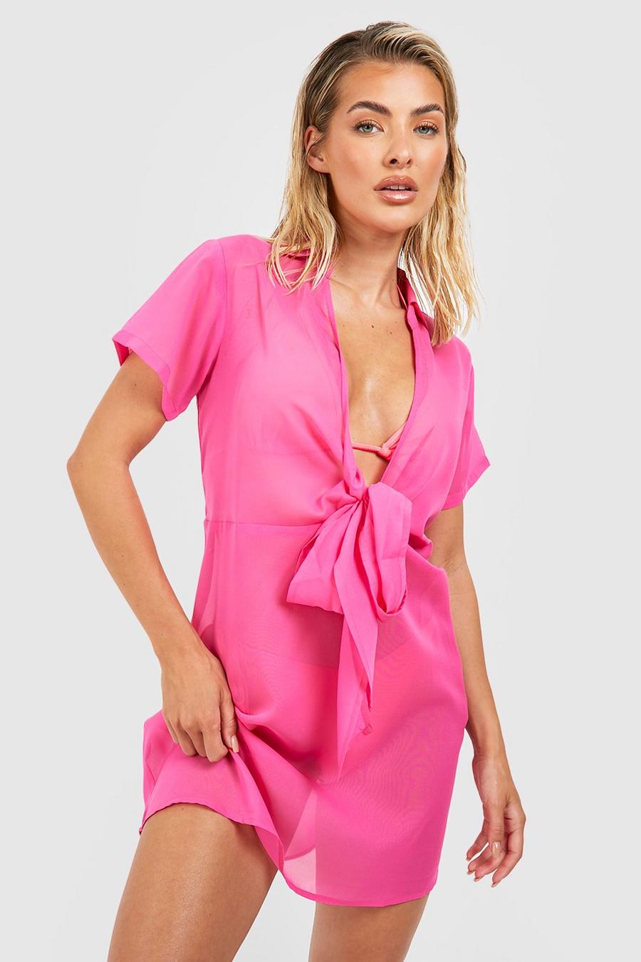 Pink Tie Front Chiffon Beach Mini Dress image number 1