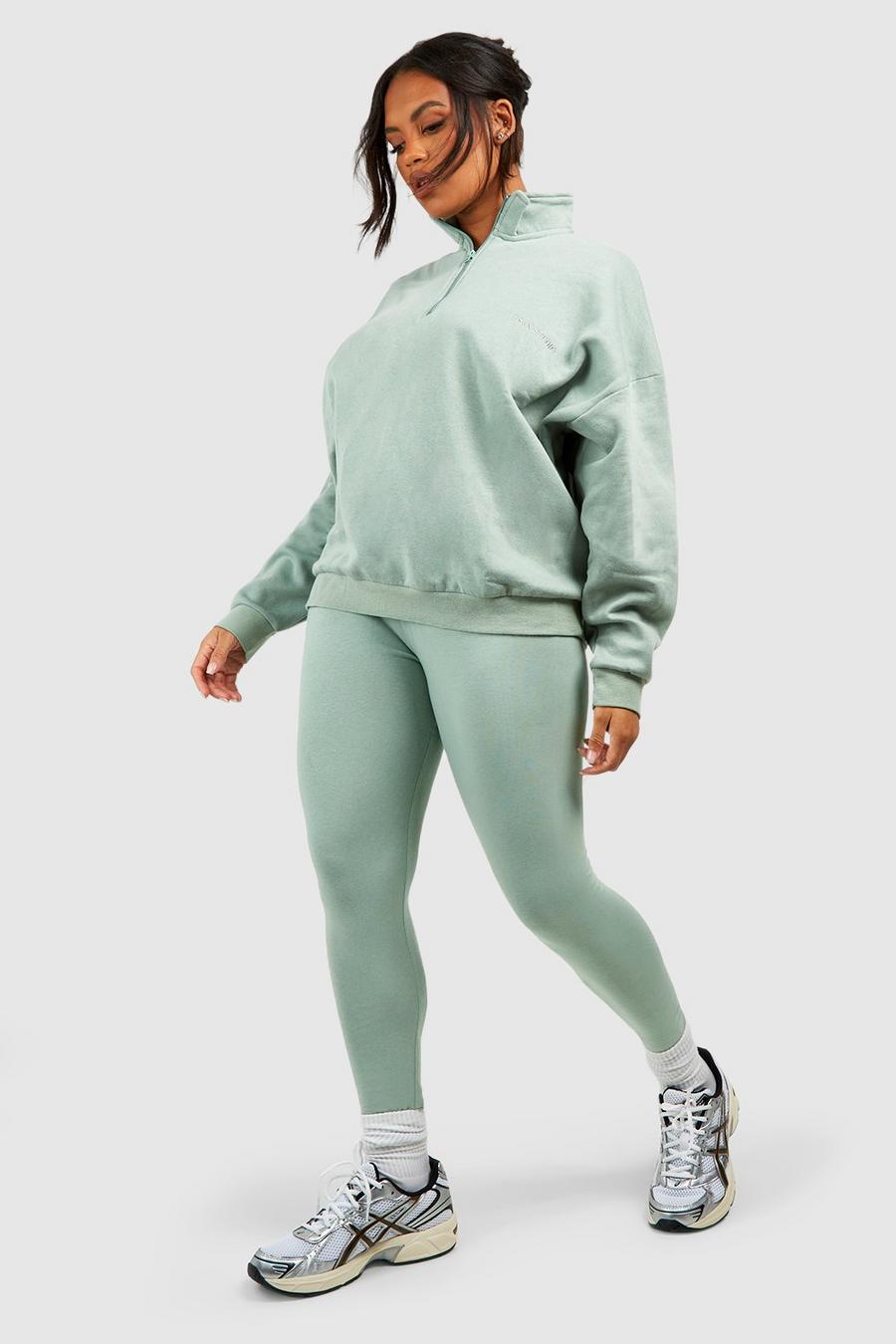 Sage green Plus Oversized Half Zip Sweatshirt And Legging Set