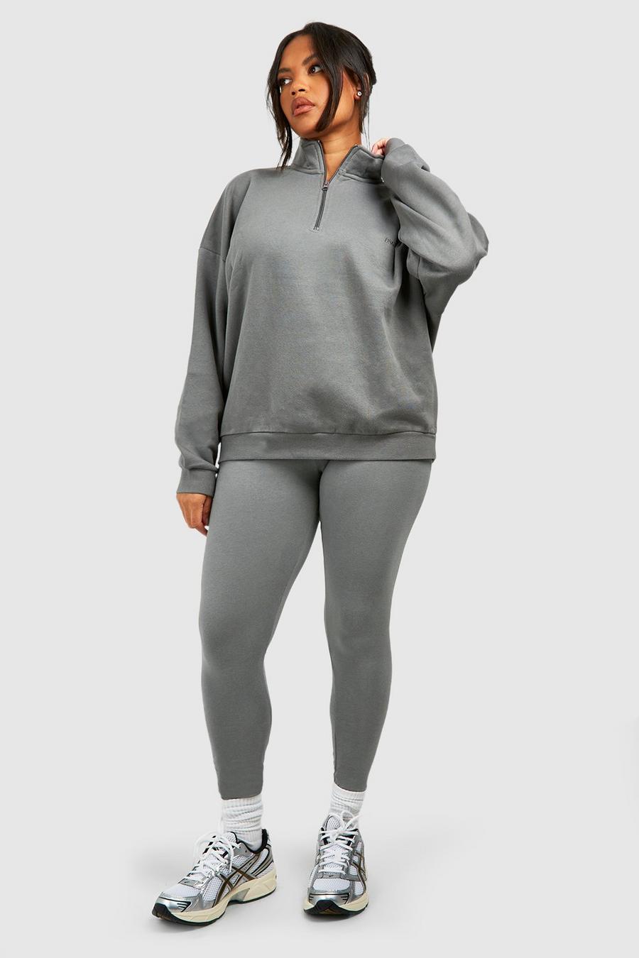 Set felpa Plus Size oversize con zip corta & legging, Charcoal image number 1