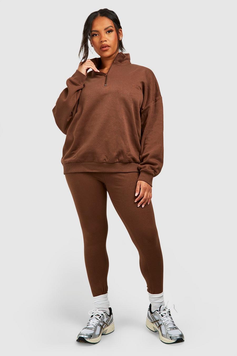 Plus Oversize Sweatshirt mit halbem Reißverschluss & Leggings, Chocolate image number 1