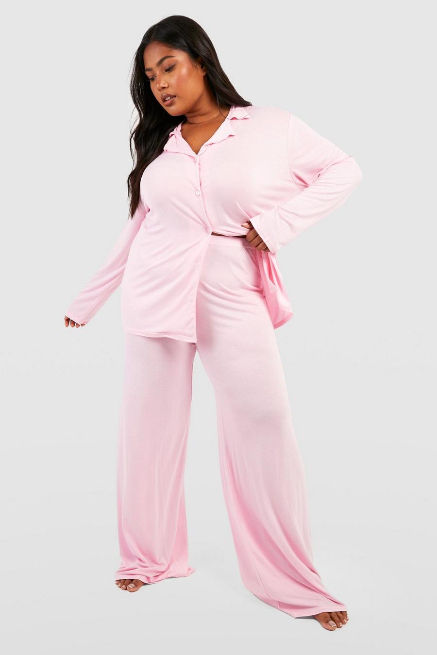 Pantalón Plus de pijama de pernera ancha y tela jersey aterciopelada, Pink image number 1