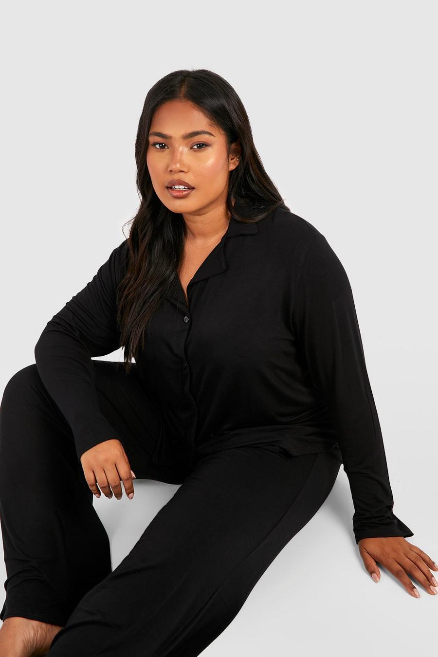Black Plus Peached Jersey Long Sleeve Button Pj Shirt 