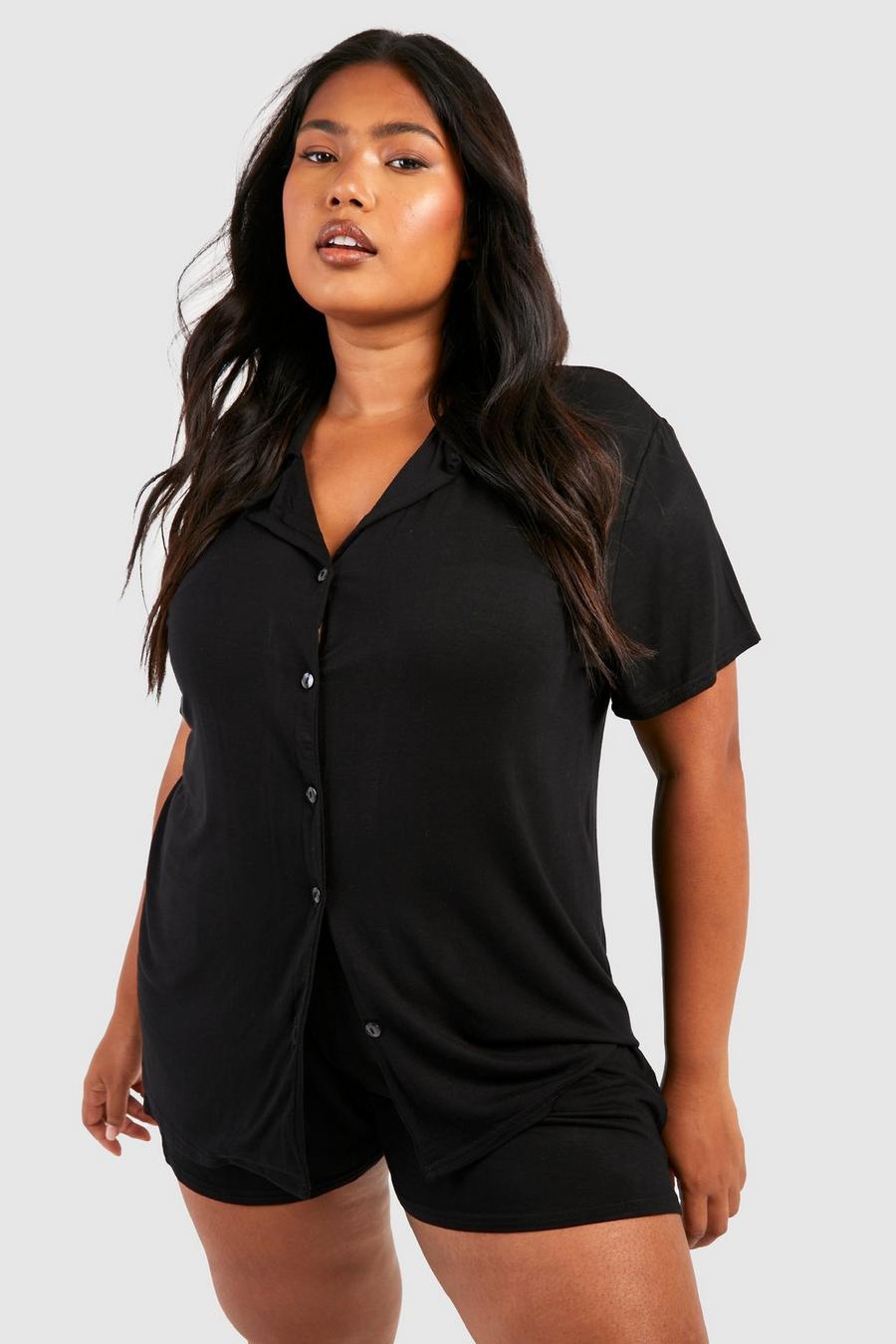Plus kurzärmliges Jersey Pyjama-Hemd mit Knopfleiste, Black image number 1