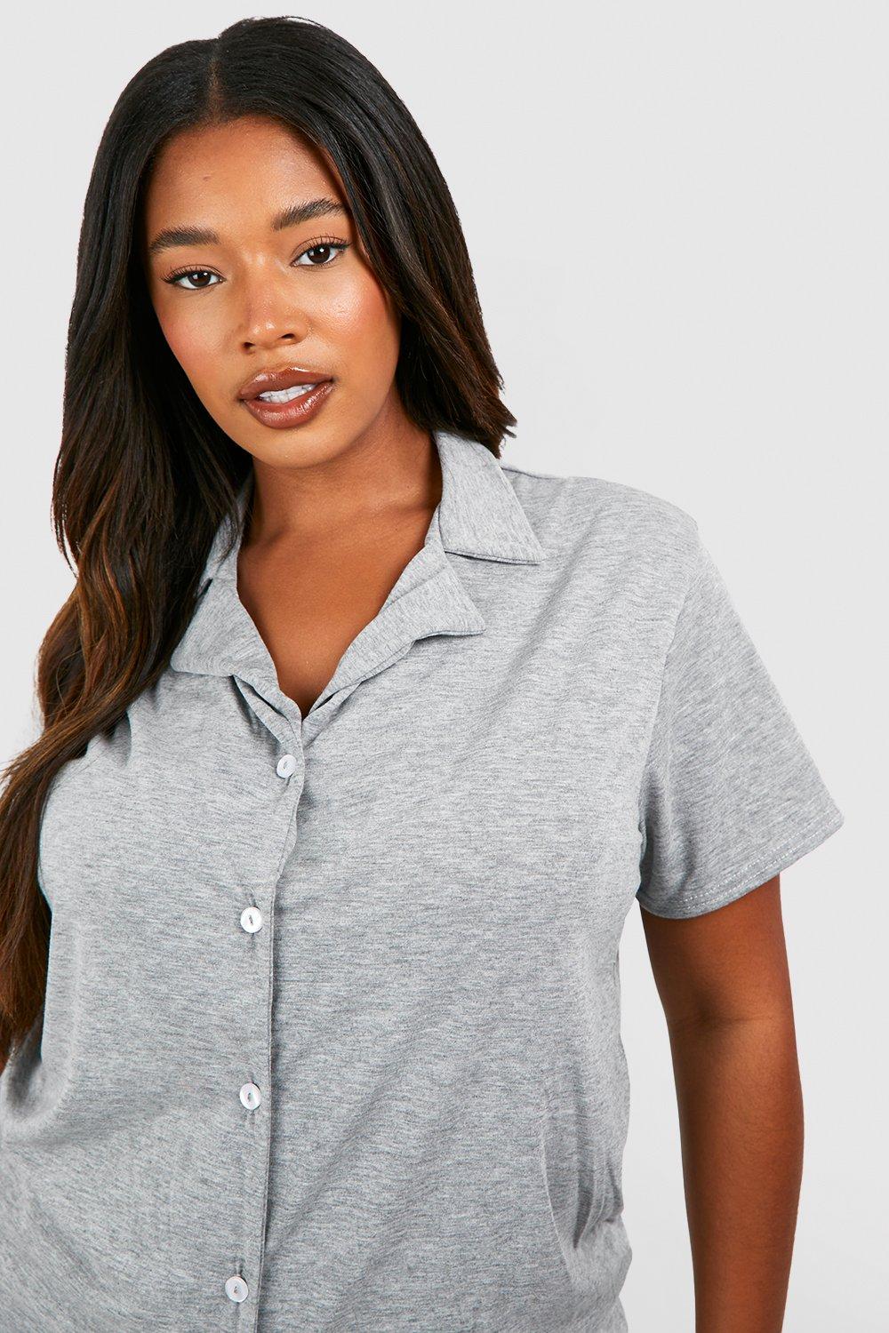 Plus Peached Jersey Short Sleeve Button Up Pj Shirt boohoo