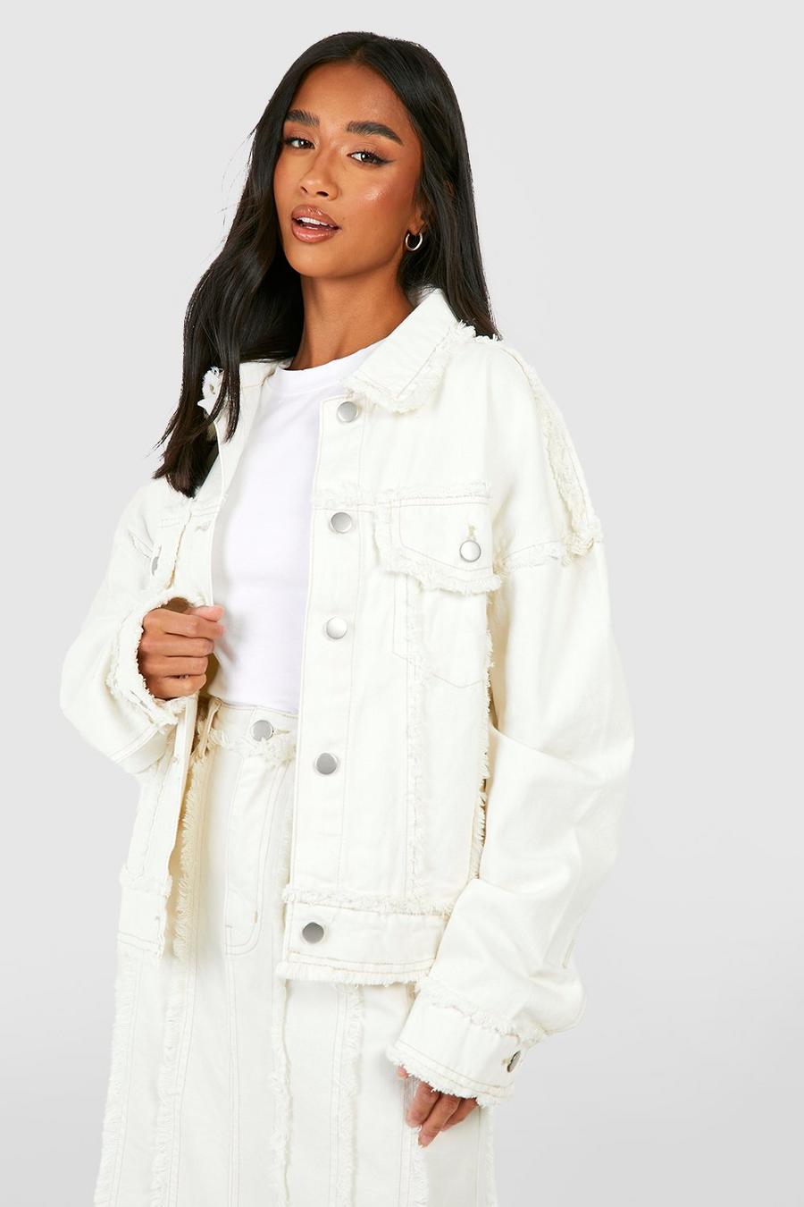 Ecru white Petite Distressed Frayed Denim Jacket  image number 1
