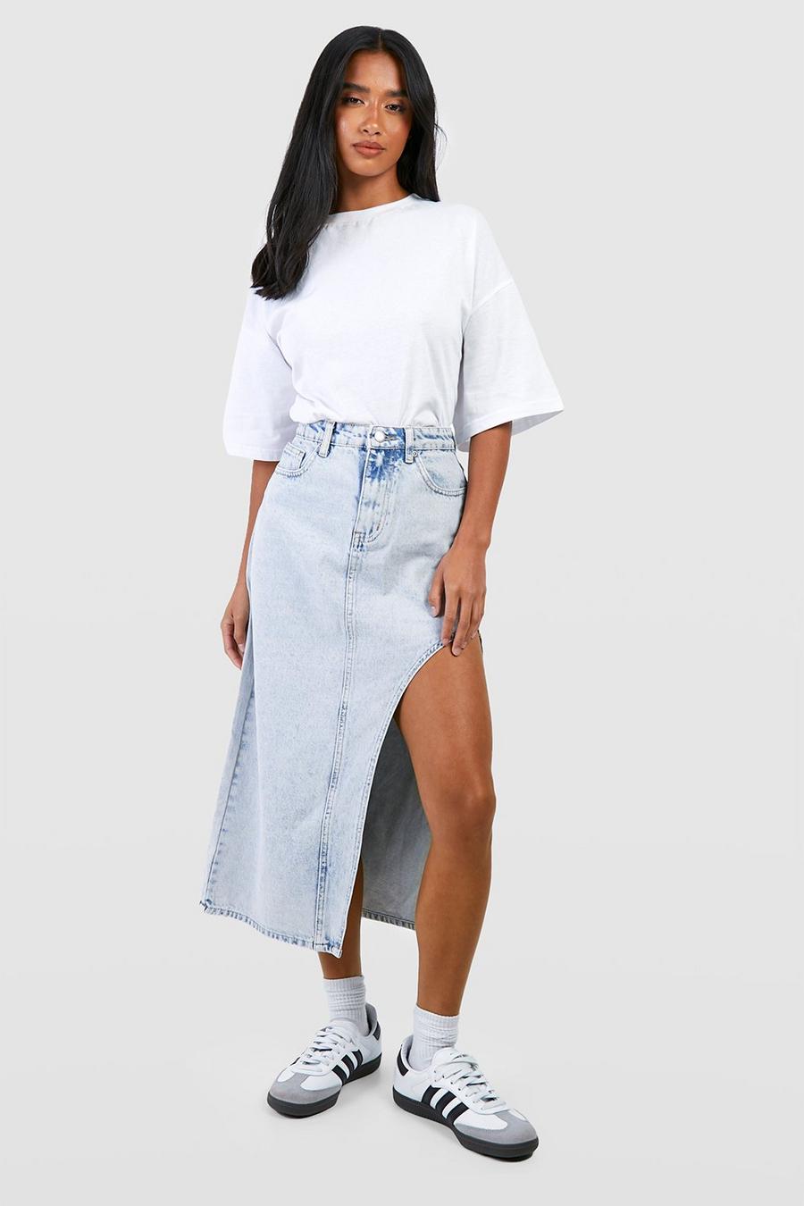 Women's Petite Curved Side Split Denim Midi Skirt | Boohoo UK