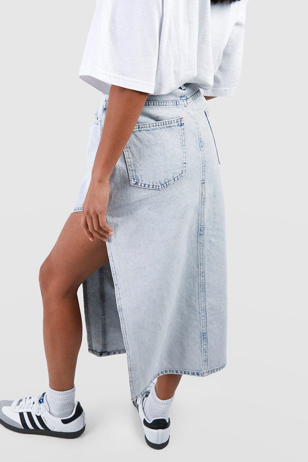 Petite Curved Side Split Denim Midi Skirt boohoo