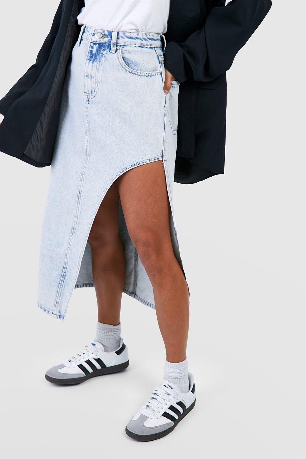 Denim midi cheap skirt boohoo