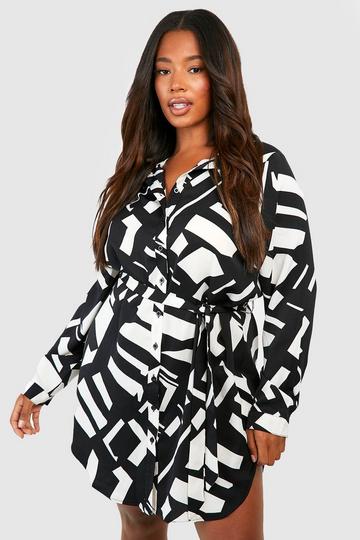 Black Plus Mono Printed Tie Belt Shirt Dress