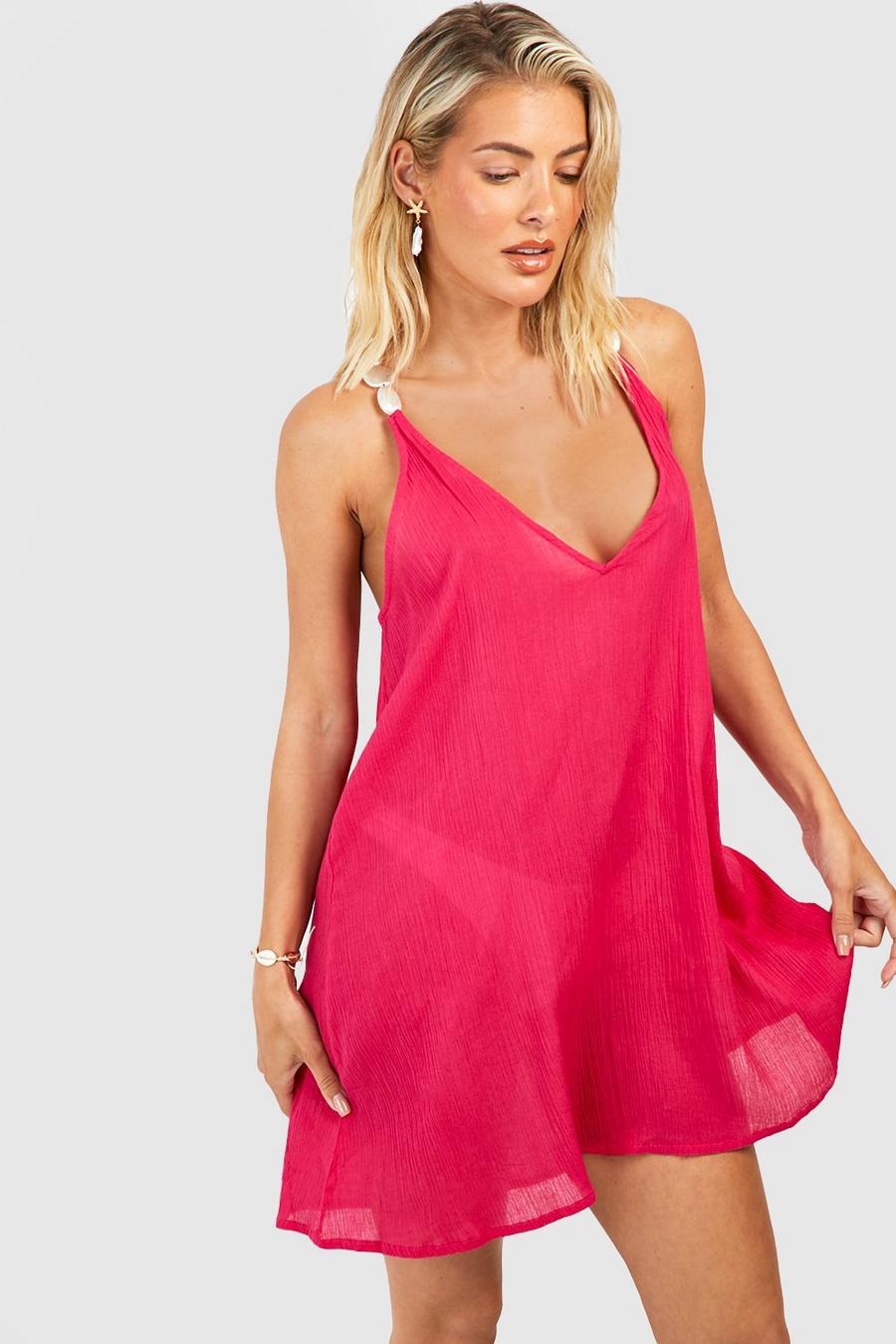 Bright pink Pearl Stone Strap Cheesecloth Beach Mini Dress