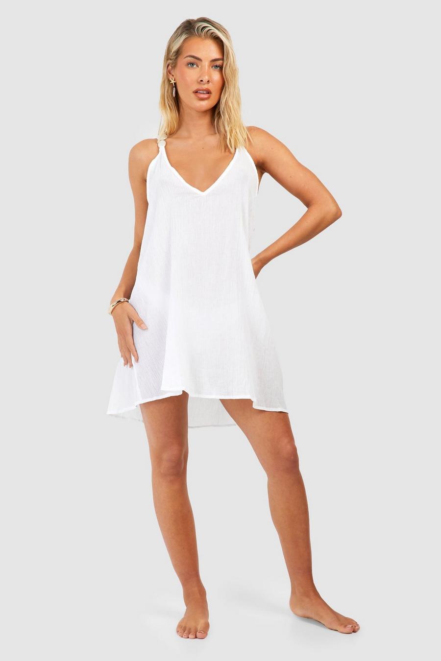 White Pearl Stone Strap Cheesecloth Beach Mini Dress image number 1