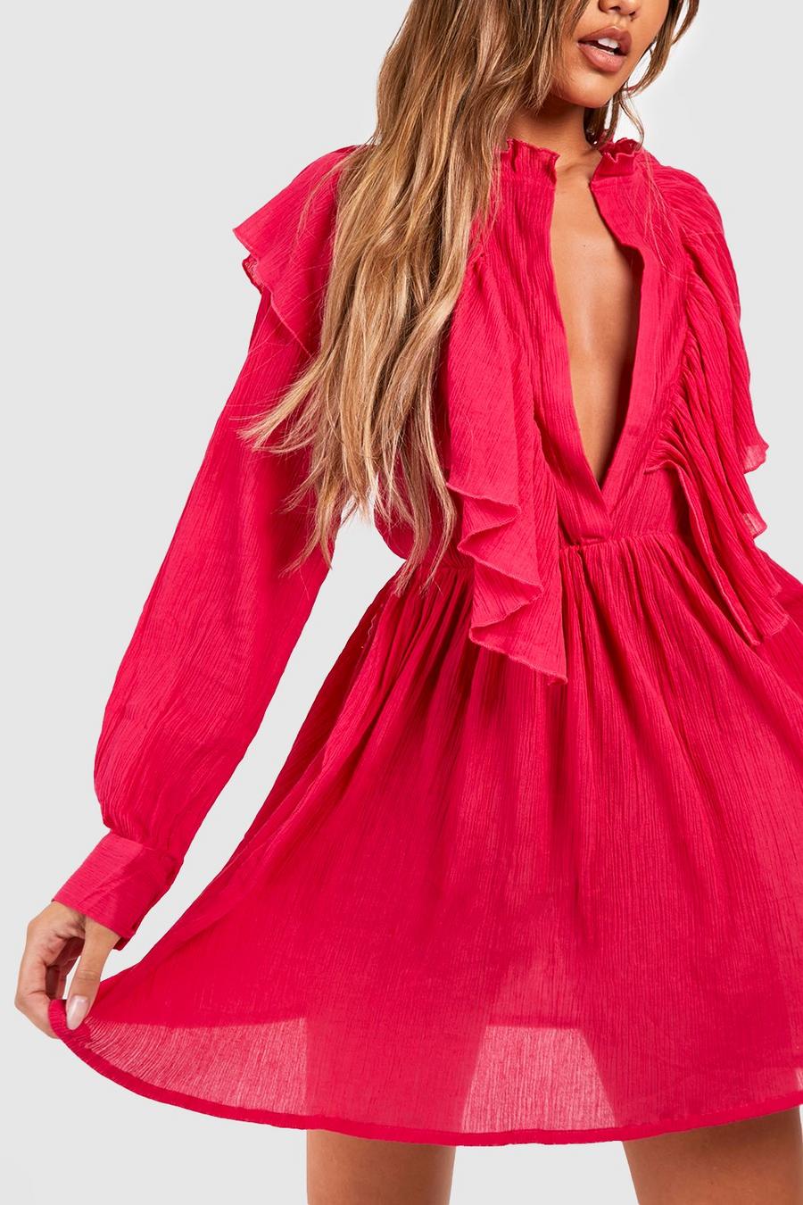 Bright pink Cheesecloth Ruffle Plunge Beach Shirt Dress