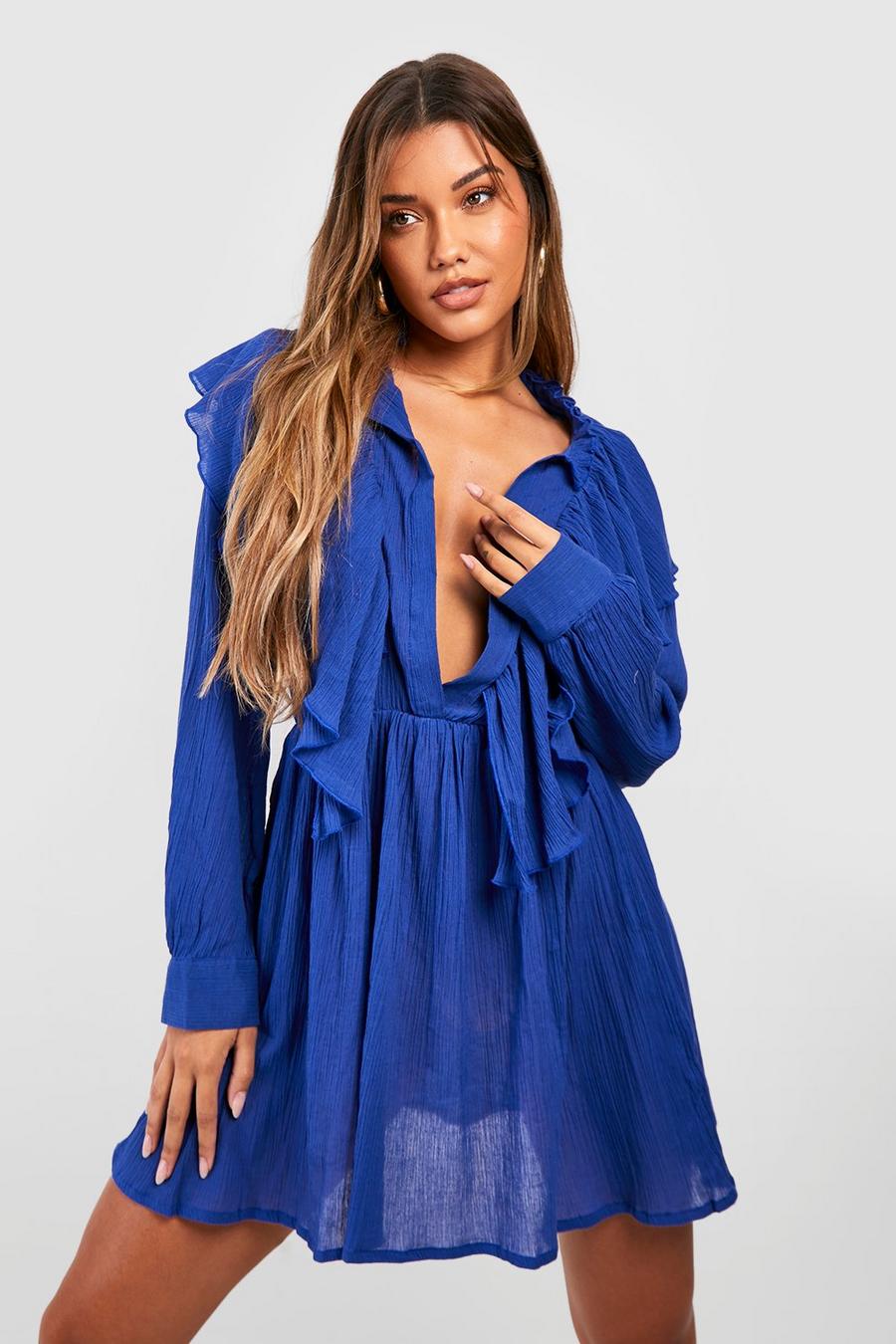 Cobalt blå Cheesecloth Ruffle Plunge Beach Shirt Dress