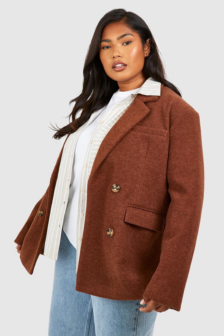 Chocolate Plus Wool Look Double Breasted Oversized Blazer image number 1