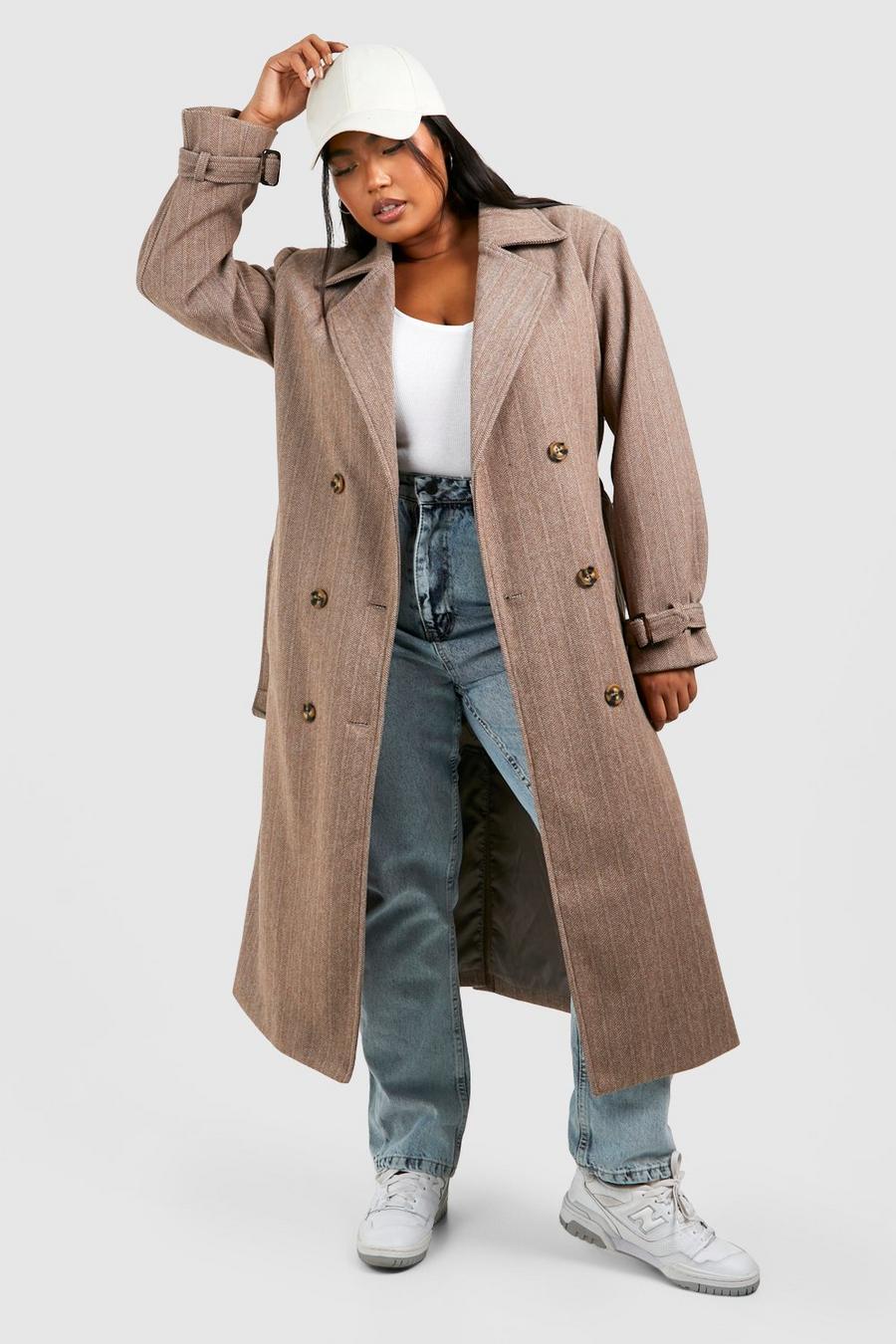 Cappotto Trench Plus Size effetto lana a spina di pesce con cintura, Brown marrone