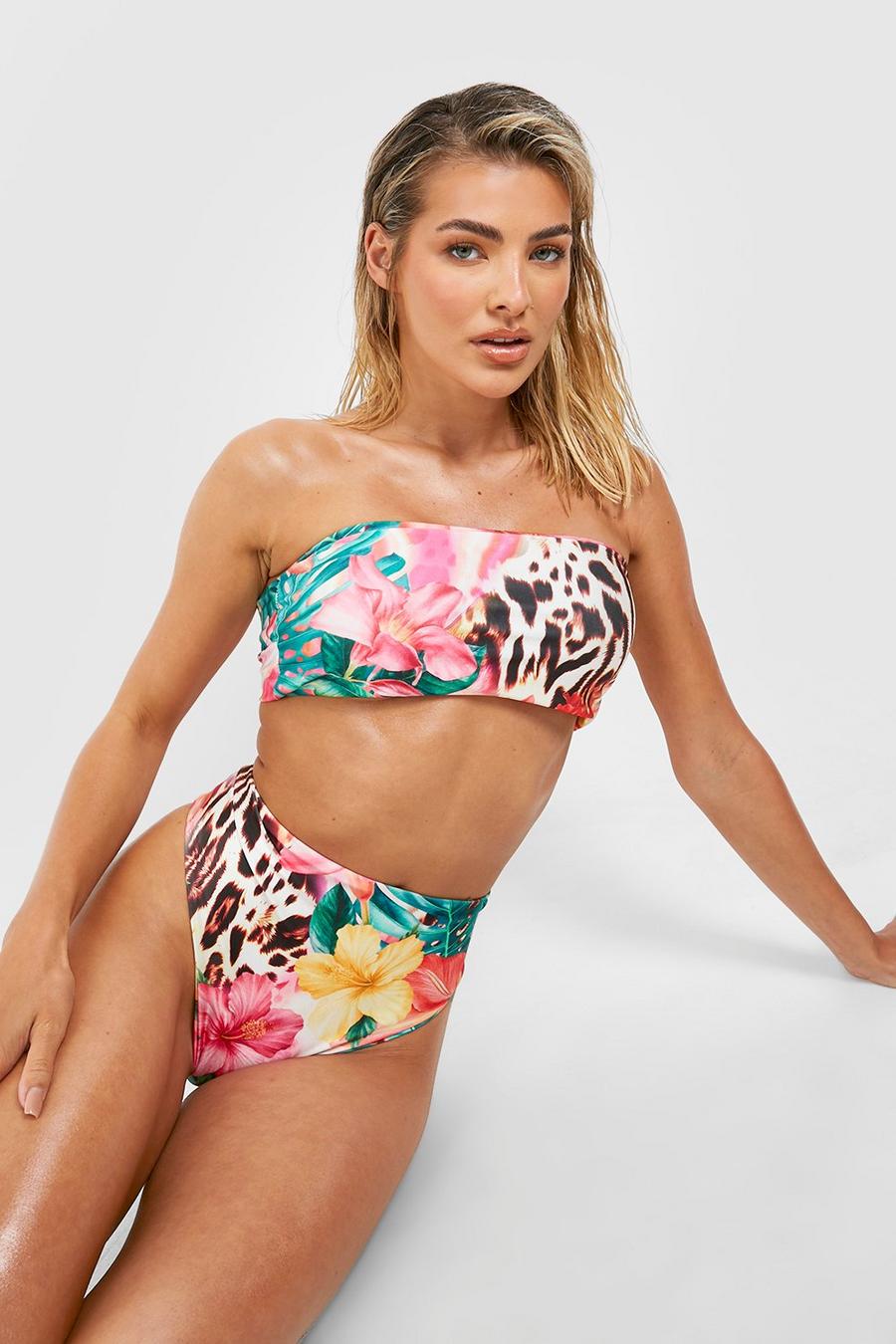 Bikinihose mit hohem Bund und tropischem Animalprint, Pink image number 1