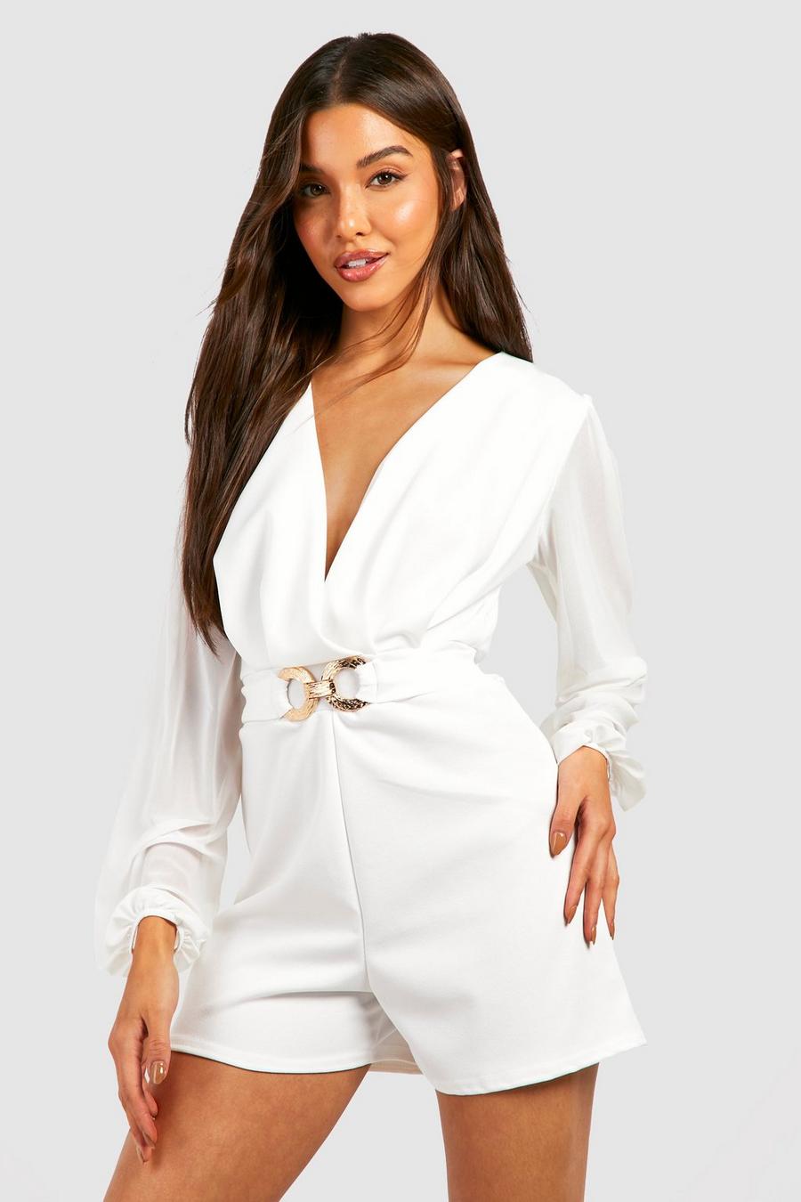 White Mesh Sleeve Belted Playsuit image number 1