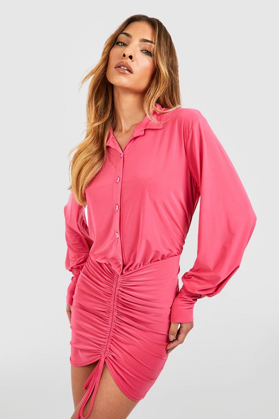 Robe chemise froncée soyeuse, Hot pink image number 1