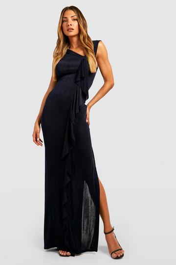 Navy Ruffle Asymmetric Maxi Dress