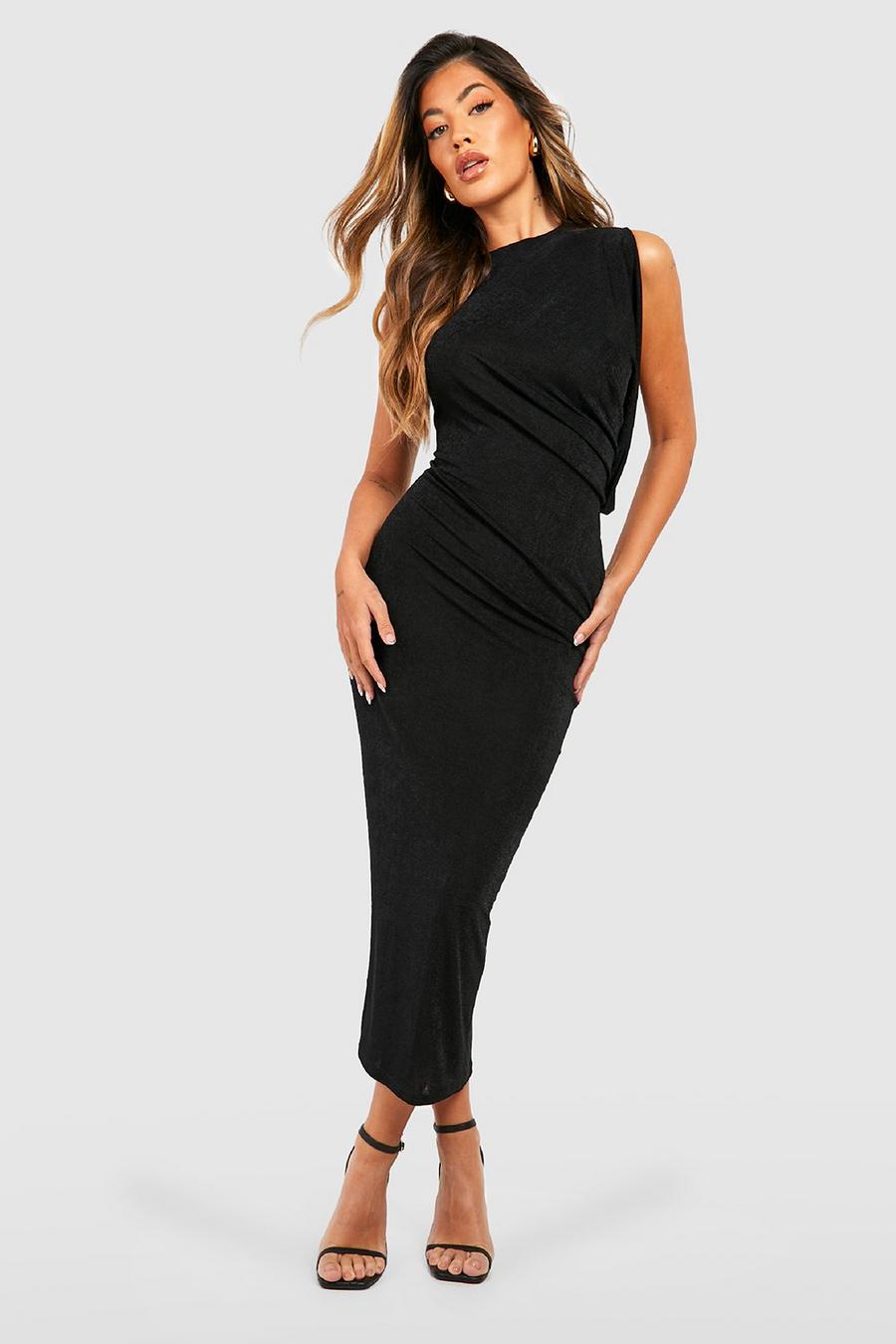 Black Textured Slinky Draped Midi Dress image number 1