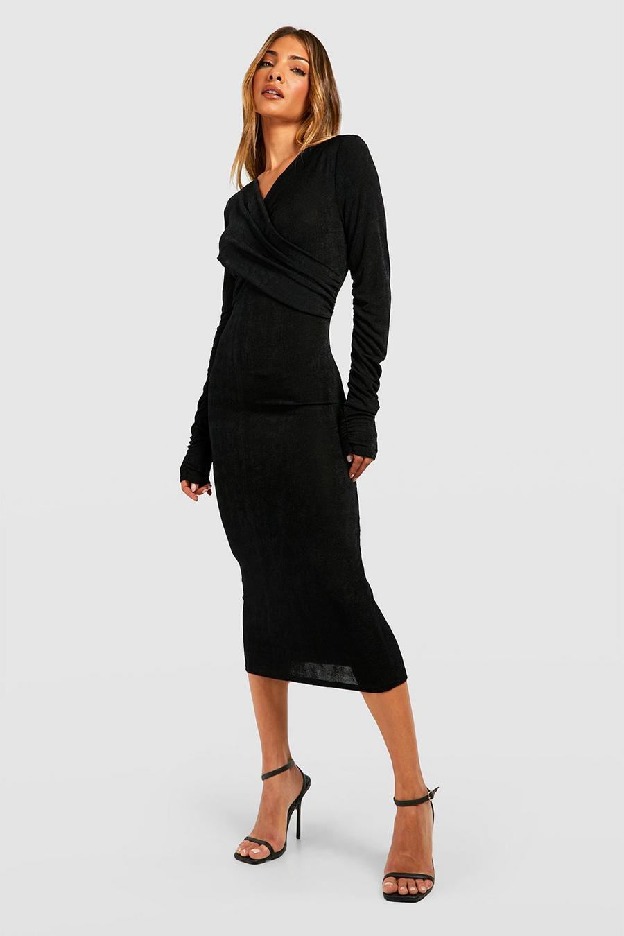 Black Textured Slinky Wrap Midi Dress