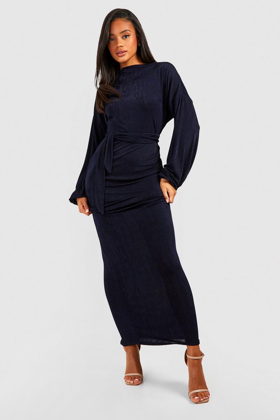 Navy Textured Slinky Belted Maxi Dress image number 1