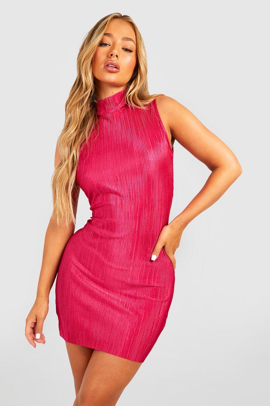 Hot pink Plisserad kort klänning med hög hals image number 1