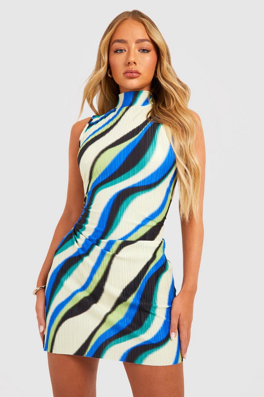 Abstract Plisse High Neck Mini Dress image number 1