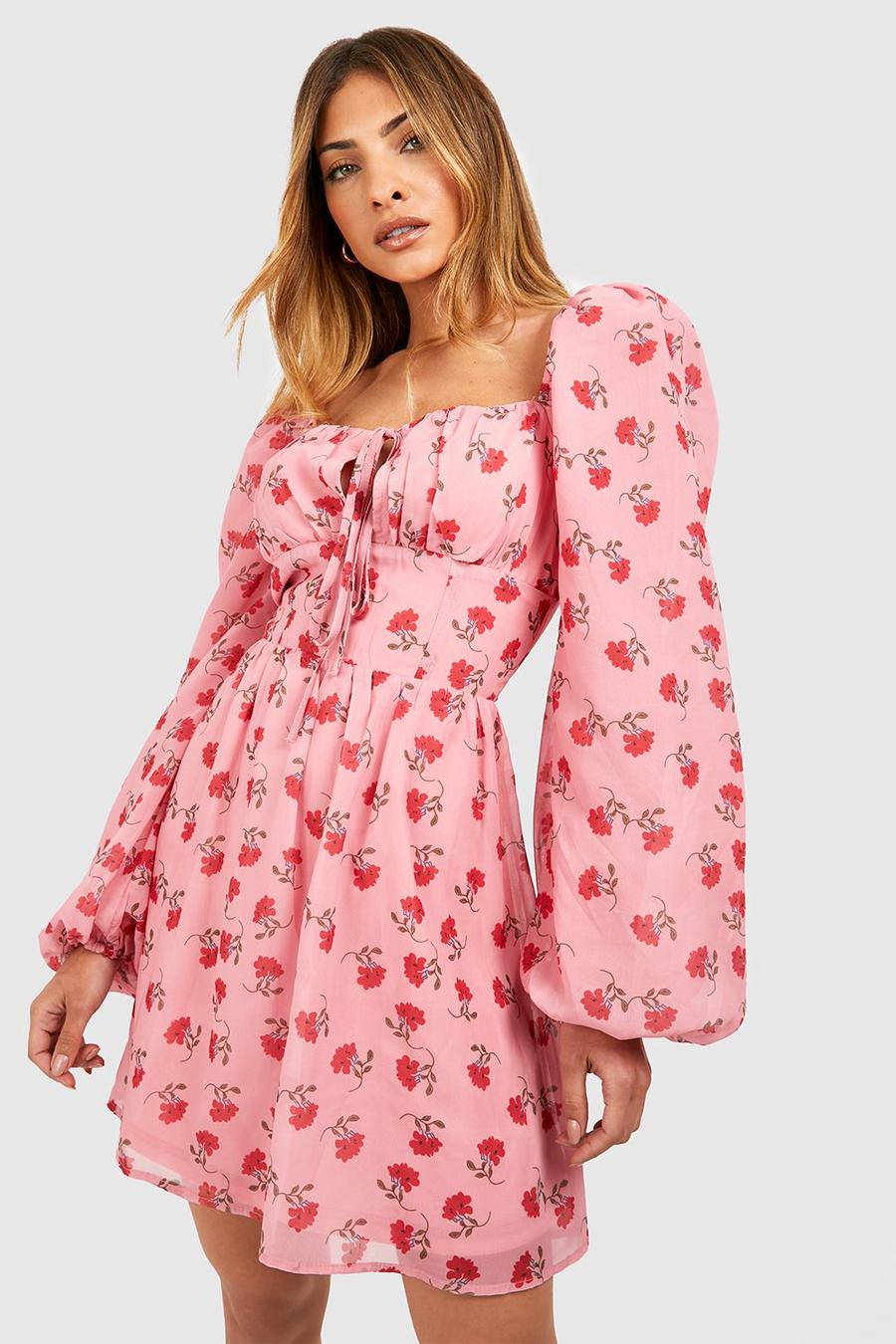 Pink Ditsy Rouched Bust Mini Milkmaid Dress image number 1