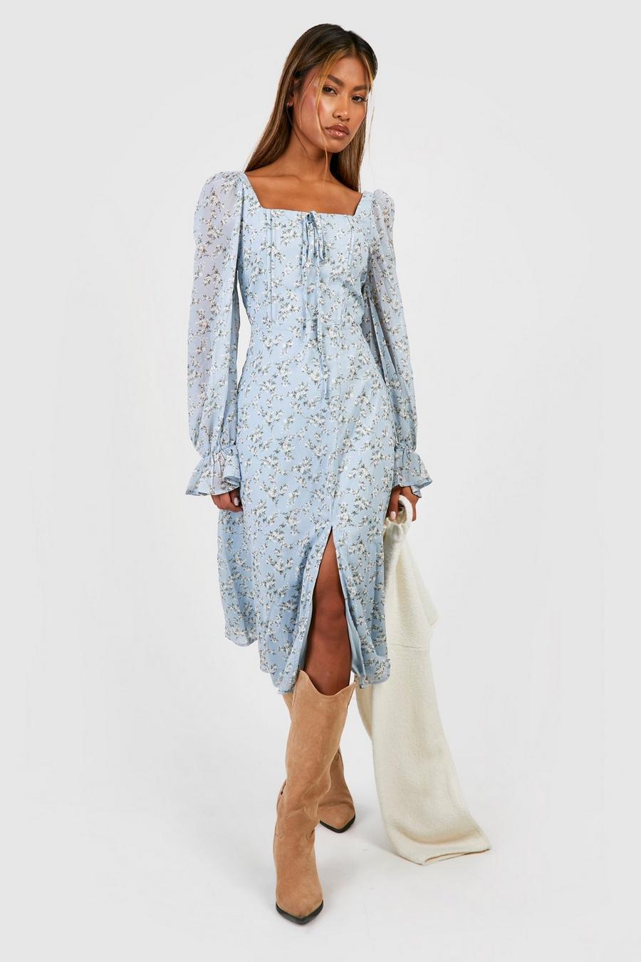 Blue Ditsy Blouson Sleeve Midi Milkmaid Dress