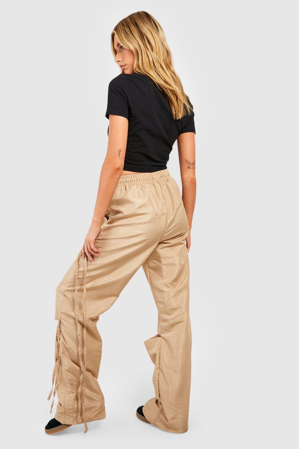 Women's Parachute Cargo Pants With Knee Split Detail Beige