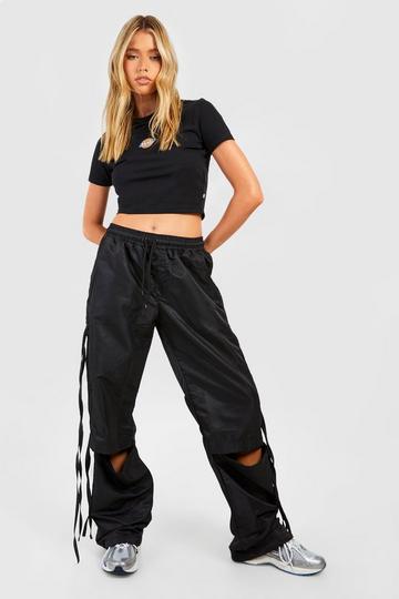 Ruched Hem Split Knee Parachute Cargo Pants black