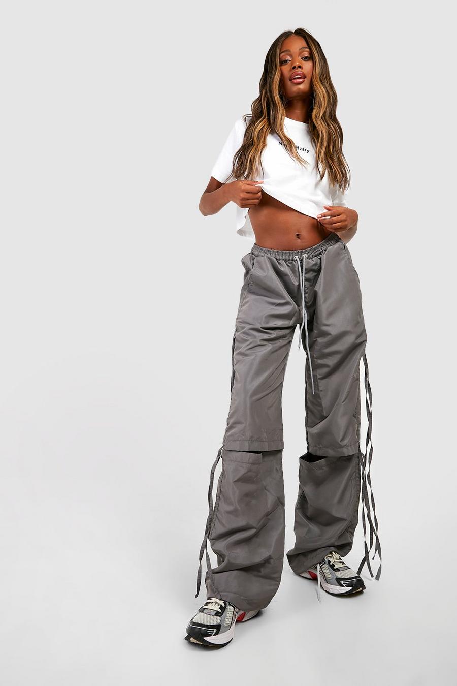 Pantalones cargo con abertura en la rodilla y bajo fruncido, Grey image number 1