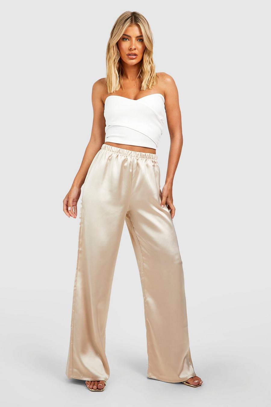 Lady Satin Faux Silk Pants Trousers Shiny Wide Leg Straight Silky Bottoms  Smooth
