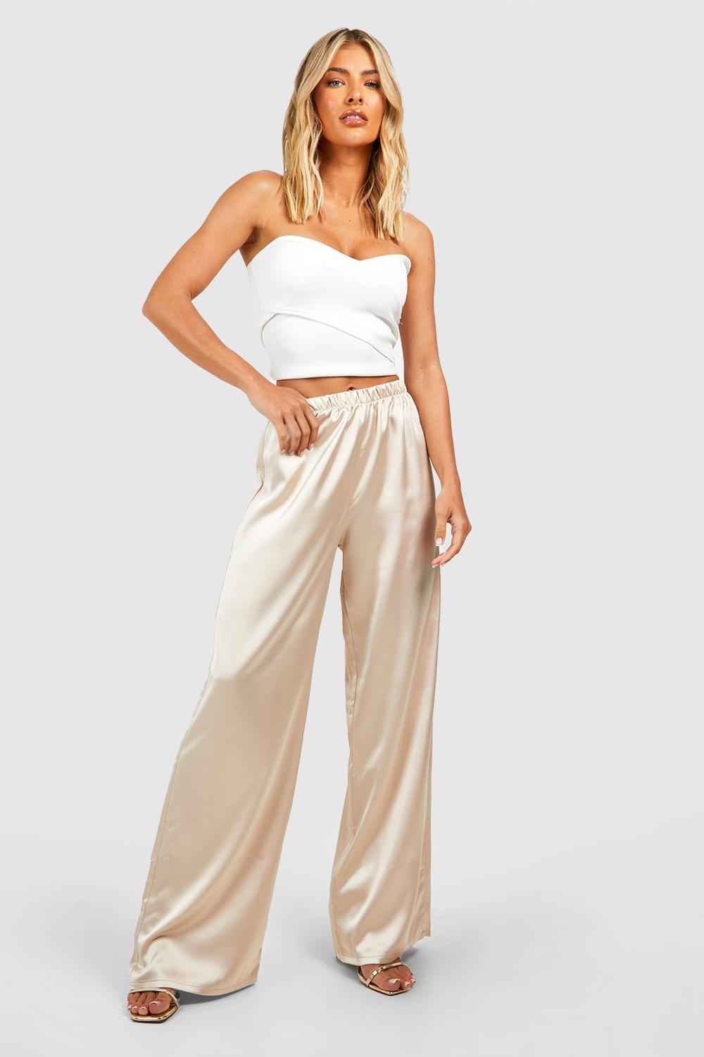 Asyou Satin Wide Leg Utility Pants With Tie Belt In Champagne