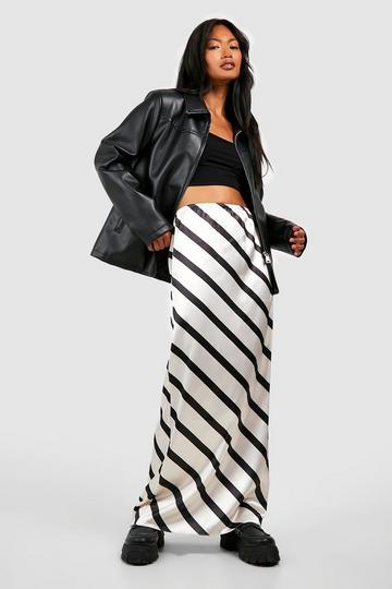 Striped Satin Slip Maxi Skirt beige