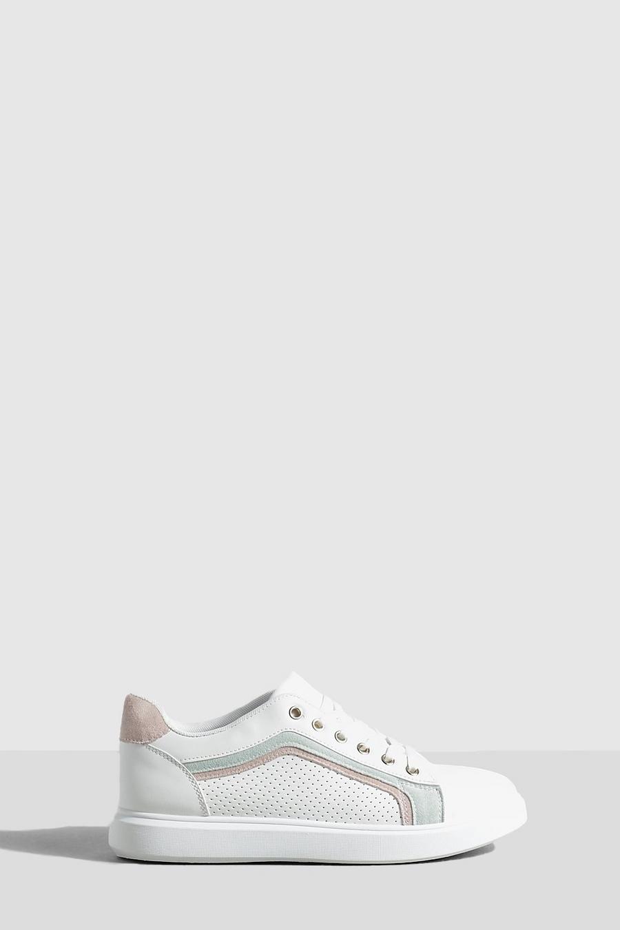 White_nude Contrast Stripe Lace Up Sneakers